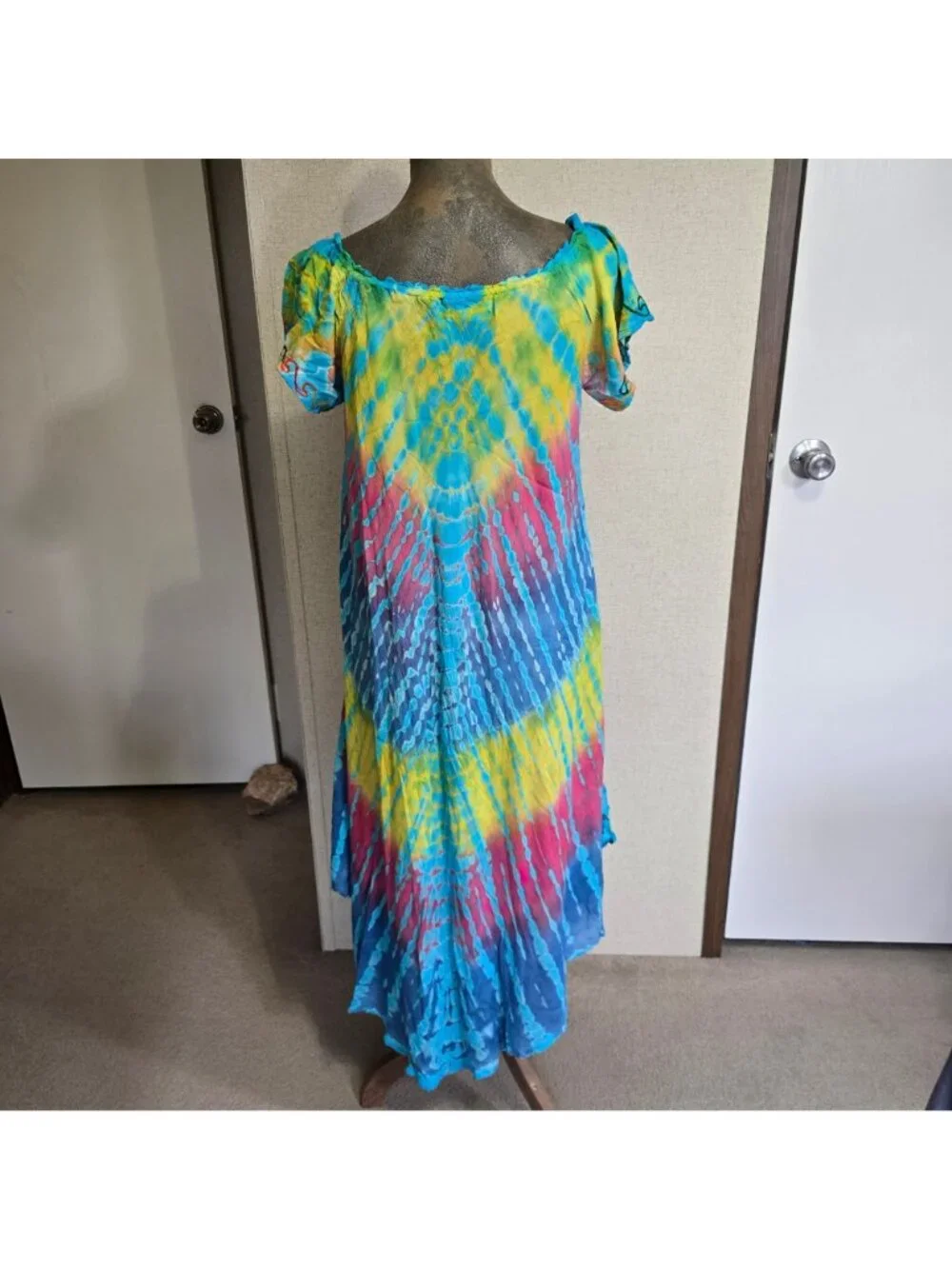 Ace Fashion L Flowy Tie-Dye Rayon Boho Dress Multicolor Short Sleeve Festival - Picture 4 of 5